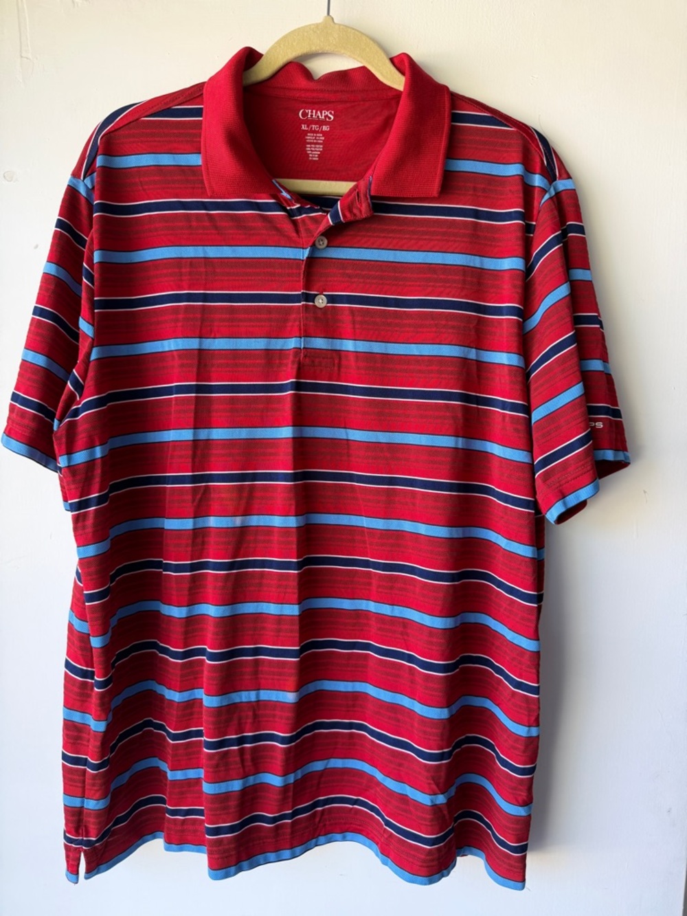 Chaps Men’s Red Striped Polo with Blue and Black Accents